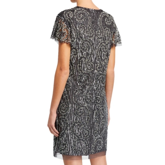 Aidan Mattox Short Sleeve Swirl Beaded Dress Gunmetal - Picture 2 of 7